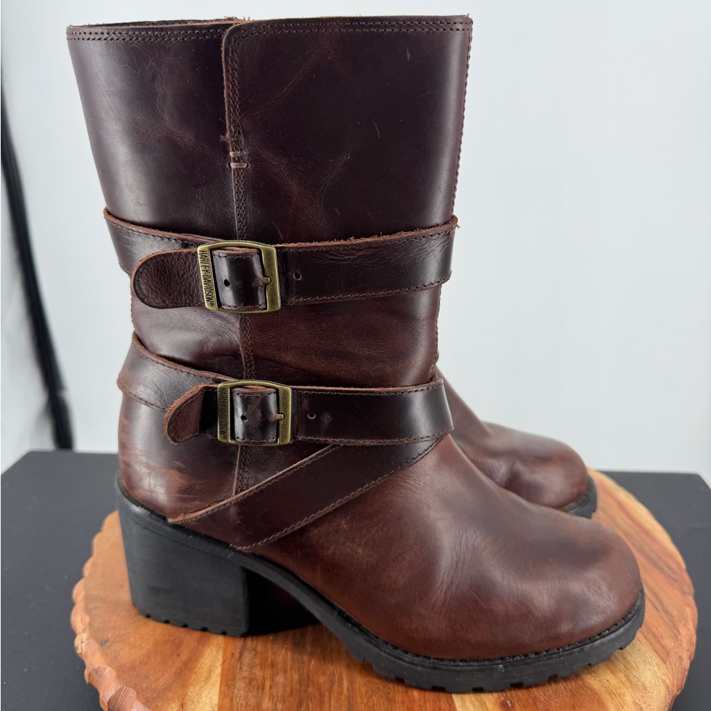 Harley-Davidson Lalanne Triple Strap Motorcycle Boots Full-Grain Brown Leather 9
